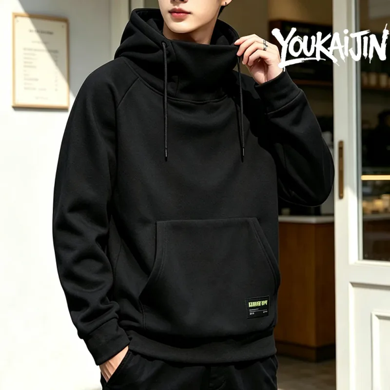 Men's Polar Fleece Sweatshirt Solid Color Street Style Autumn Winter Hood Sports Windproof Oversized High Collar Hoodie 5XL — image 2