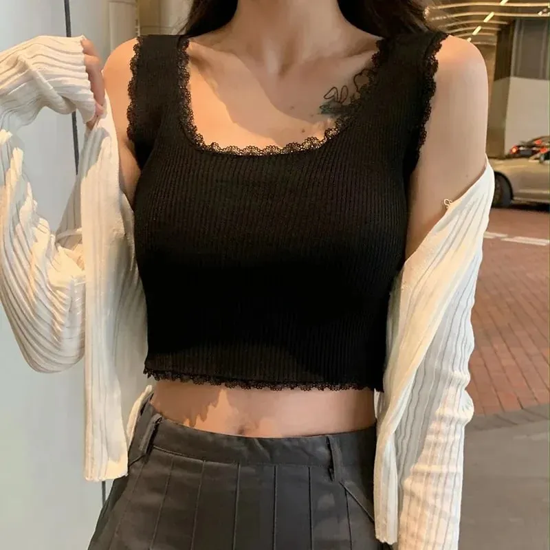 Tank Tops Women Plain Lace Up Crop Tank Top For Women Basic Solid Sexy Crop Tops Square Neck Plain Crop Tops — image 3