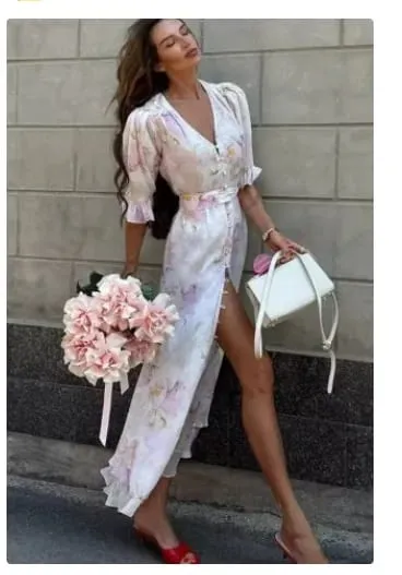 Women Chic Pink Floral Print Maxi Vestido Elegant V Neck Ruffle Trim Flare Sleeve Ruched High Chiffon Dress 2026 Party Outfit — image 8