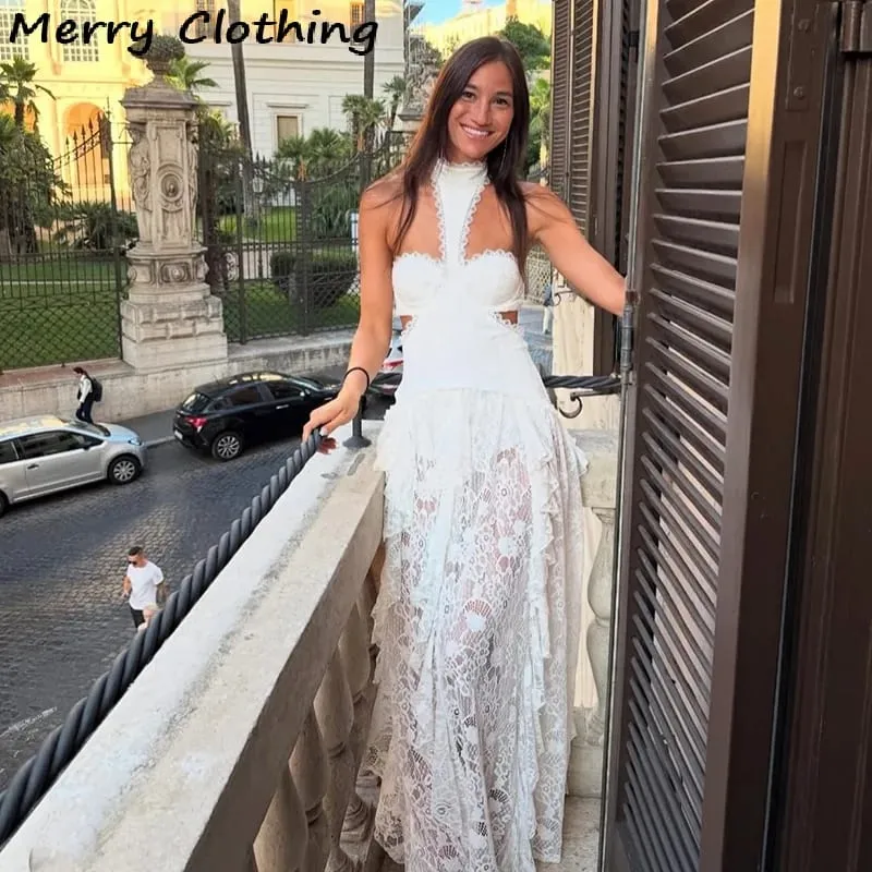 Sexy Lace Patchwork Dress Women Hollow Out Sleeveless Party Club Long Skirt See Through Halter Evening Gown Vacation Lady Robes — image 1