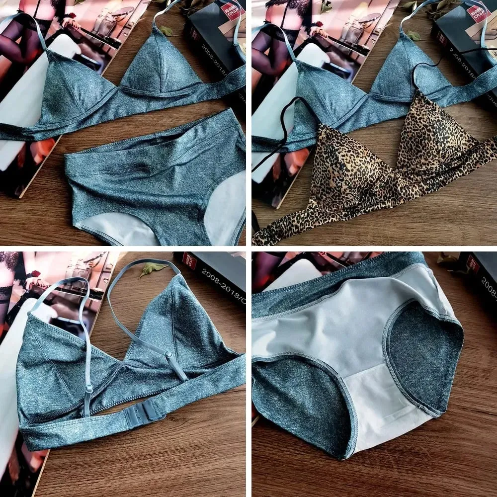 Triangle Cup Bra Set Sexy Leopard Print Ultra Thin Wirefree Bralette & Panty Lingerie for Small Breasts — image 2