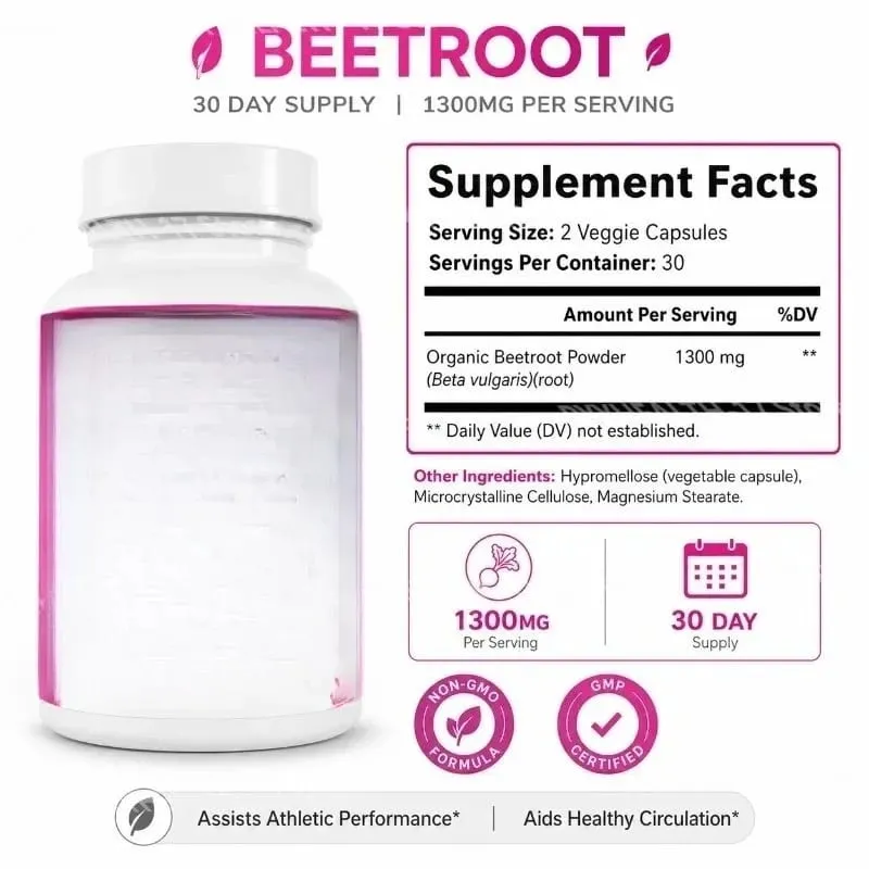 Beetroot Capsules Non-GMO Beets Support Healthy Circulation and Athletic Performance Organic Beetroot Powder 1300mg 60 Capsules — image 2