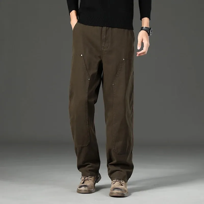 High Quality Spring New Style Straight Loose Men's Casual Pants Rivet Splicing Safari Style Cotton Trousers Army Green Jeans — image 6