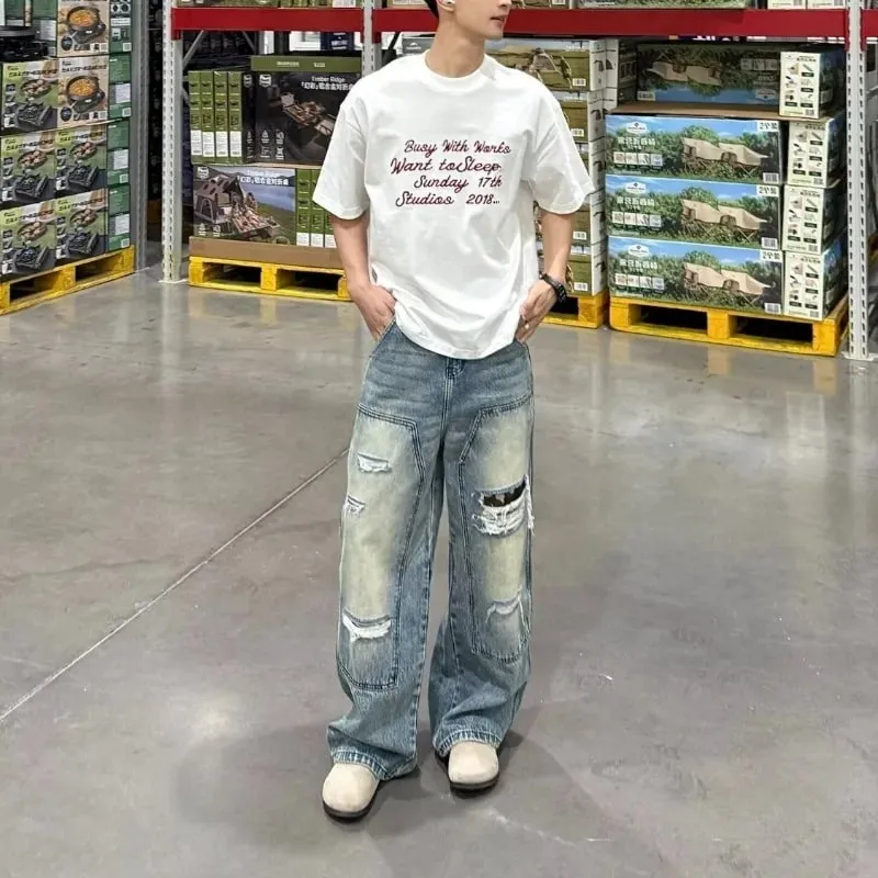 Mænds jeans Mandebukser Kraftig vasket multilomme snedkerstil Lige løse denimbukser Casual Fit High Street — image 6