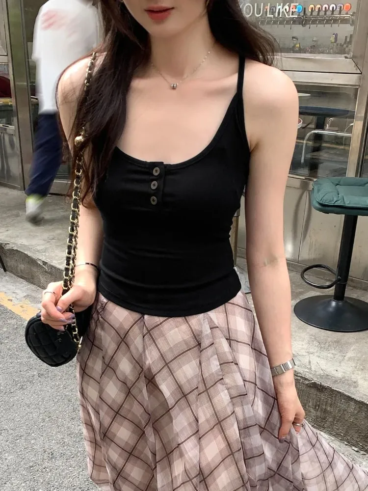 Korean Stylish Design U-Neck Button Sleeveless Camis 2026 Summer Y2K Hot Girl Layering Tank Top Solid Color Versatile Crop Top — image 3
