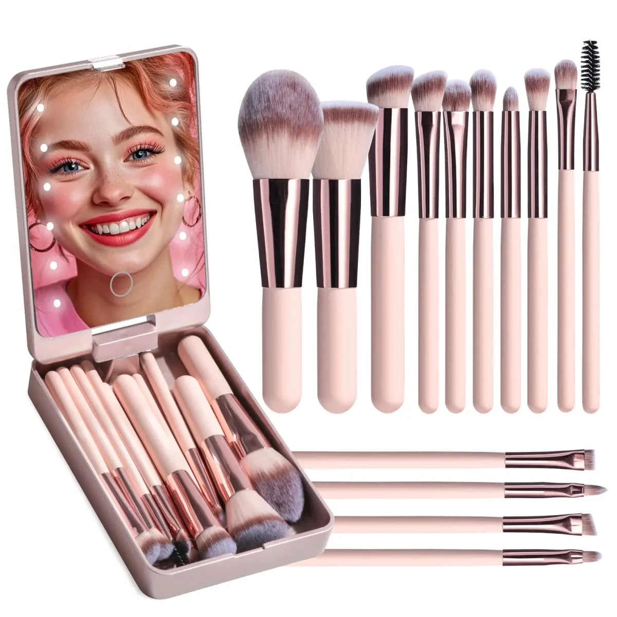 14 PCS Makeup Brush Set With Illuminated Mirror Portable Short Handle LED Light USB Rechargeable Makeup Brushes Kit — image 1