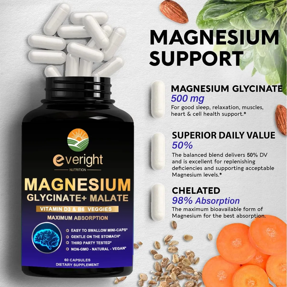 Magnesiumglycinat med hög absorption - Stödjer sömnhumörmusklerna Hjärt- och nervsystemets hälsa — image 3