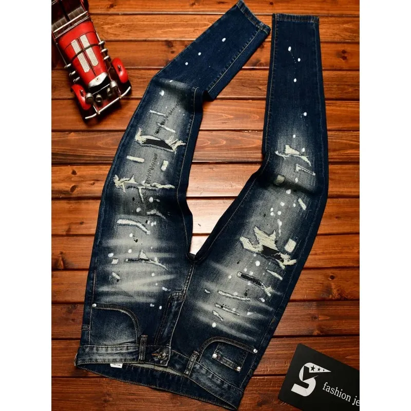 High end nostalgic jeans for men slim fit with small holes patches scraped inkjet street trend elastic retro denim pants