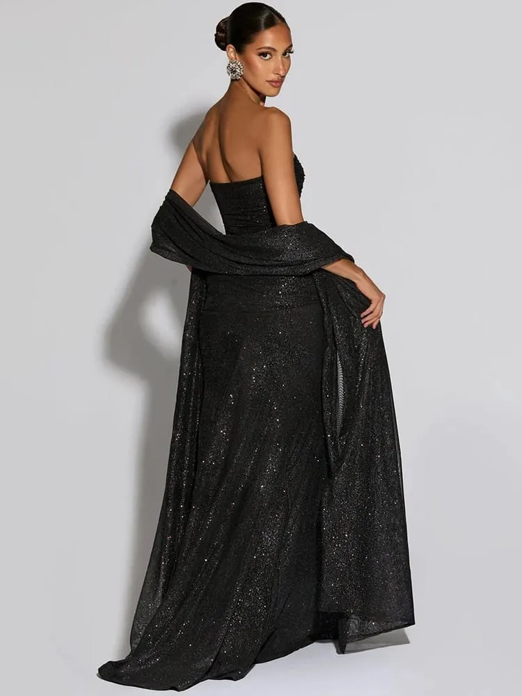 Mozision Sparkle Strapless Draped Sexy Maxi Dress Women Elegant Off-shoulder Sleeveless Backless Ruched Club Party Long Dress — image 3