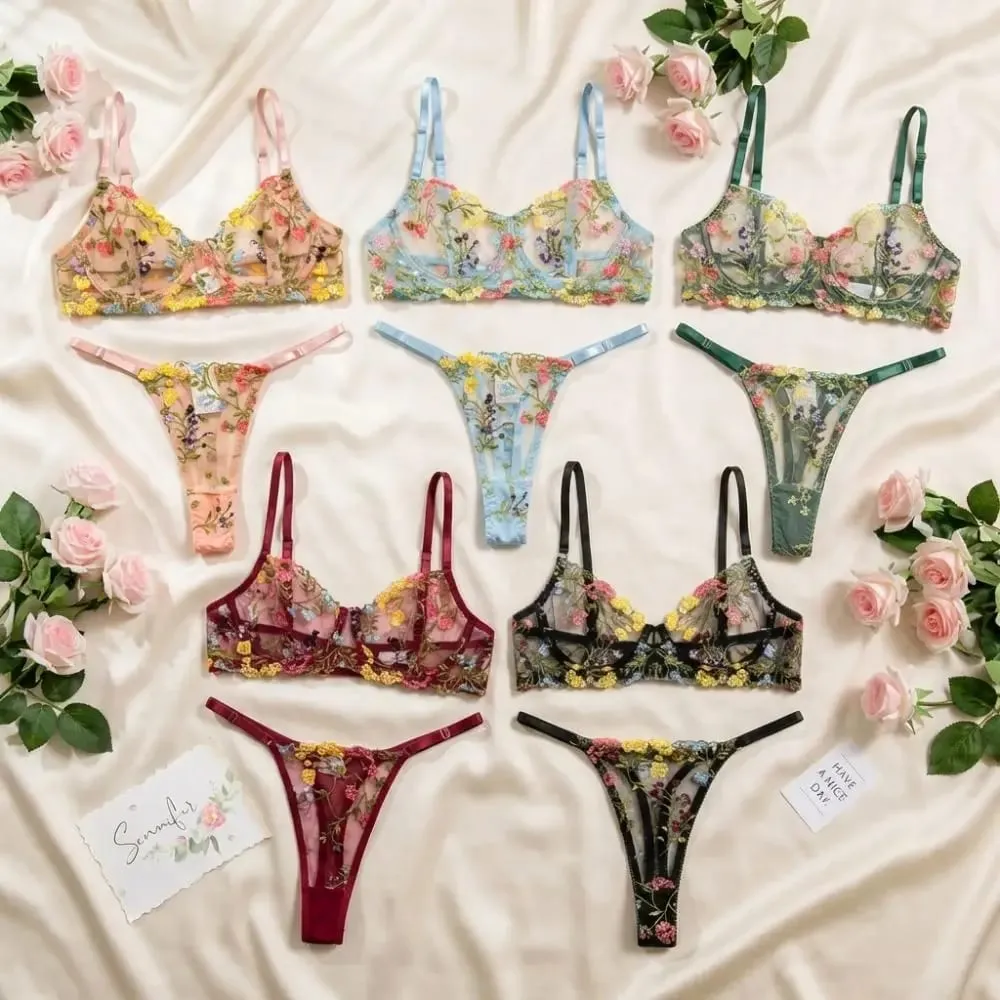 2-delige bloemenlingerieset pure veelzijdige ondergoed-intimates borduren beugel push-up bh panty set voor dames meisje — image 3