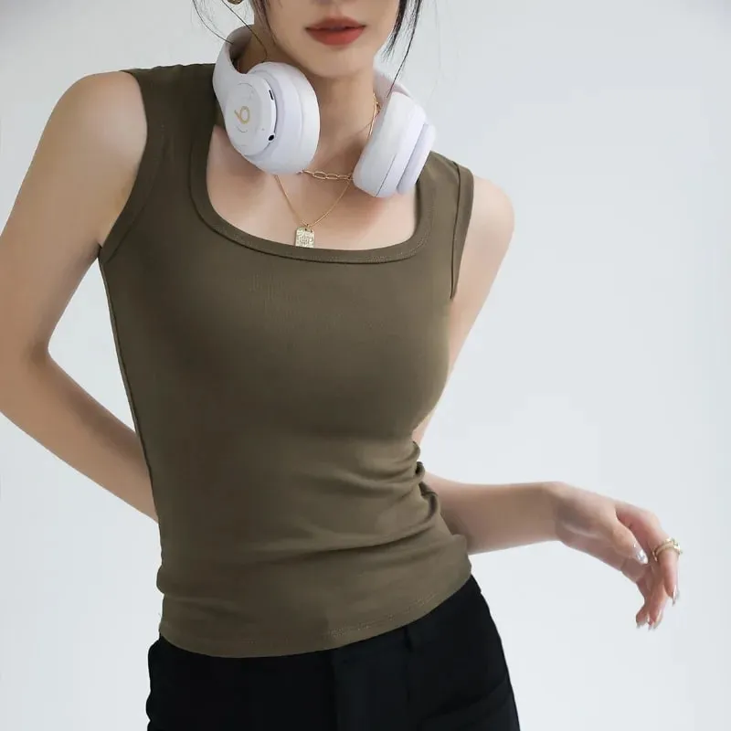 Women's Solid Color Wide Strap U-Neck Sleeveless Tank Top Summer Slim Fit Casual Basic Inner Wear Streetwear Vest