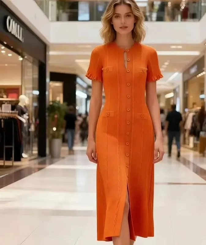 Summer Elegant Lady Knitted Single Breasted Long Dresses Women Solid Short Sleeve O Neck Button Bodycon Party Female Vestidos — image 3
