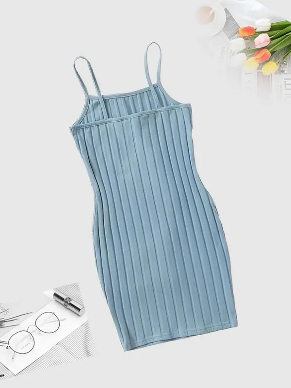 Women Ribbed Spaghetti Strap Mini Dress Sleeveless Square Neck Slim Bodycon Short Dress Summer Casual Basic Cami Dress