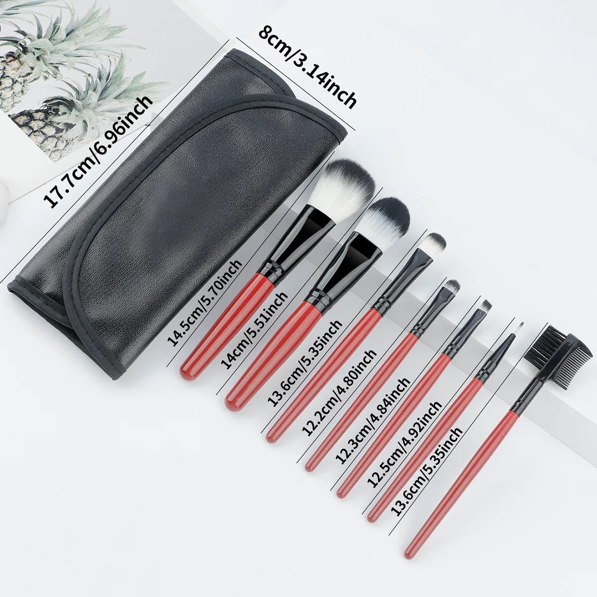7 Pcs Wine‑red Handle Makeup Brush Set With PU Leather Storage Bag Soft Bristle Powder Blush Eyeshadow Cosmetic Brushes Kit — image 2