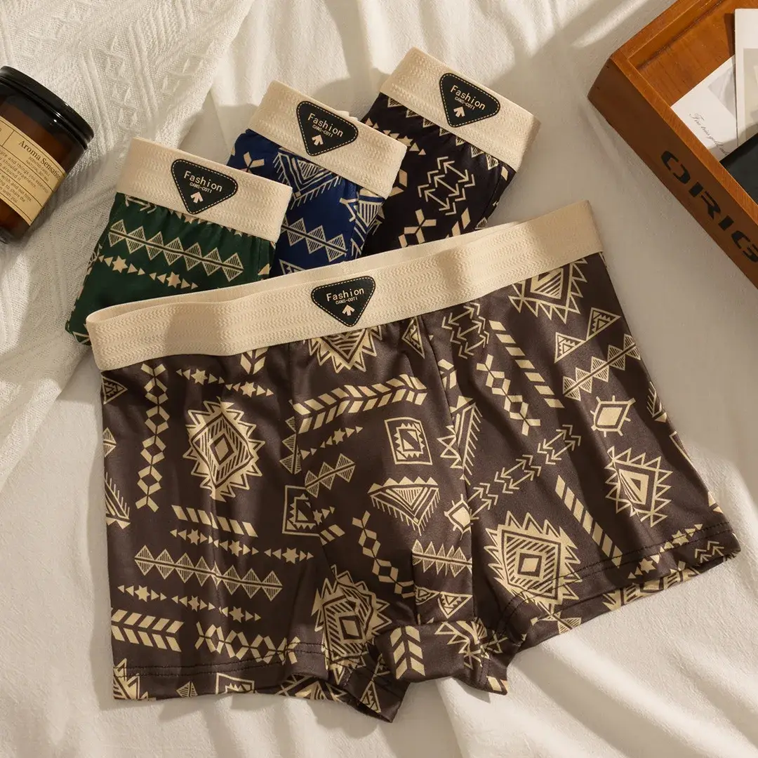 Men's Boxer Retro Ethnic Style Comfortable Smooth Fabric Briefs Vintage Print Elastic Underwear for Man Lingerie Flat Underpants — image 2