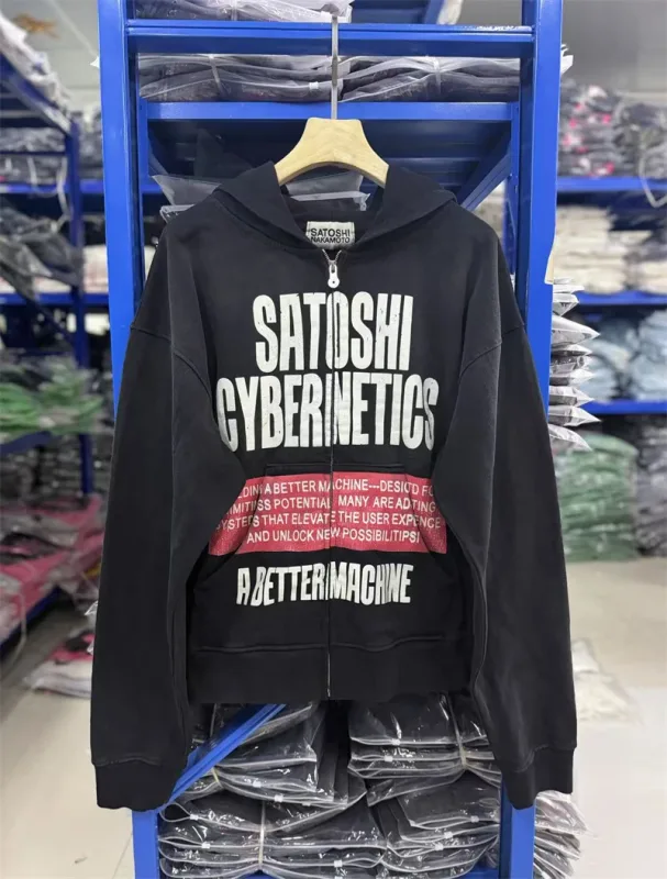 New SN Letter Printed Washed Retro Splashed Ink Zipper Hoodie Street Casual Cotton Loose Versatile Sports Oversize Trendy Top — image 8