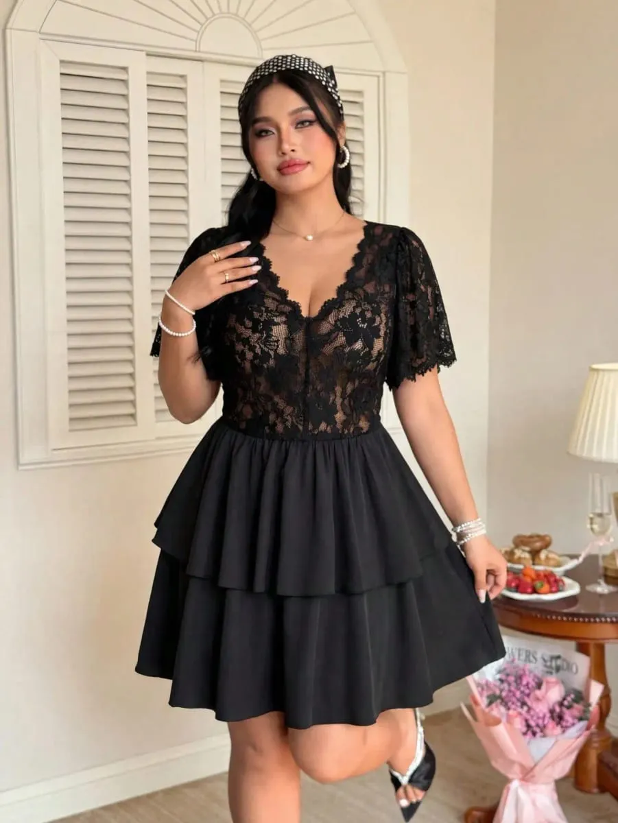 Elegant Lace Hollow Patchwork Cake Dress Plus Size Women's Dress Summer Vintage Ruffle Hem Party Evening Gown — image 4
