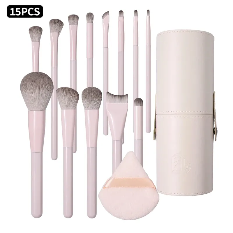 15Pcs Makeup Brushes Set with Storage Bucket & Triangle Powder Puff Foundation Blush Eyeshadow Contour Full Face Makeup Tools