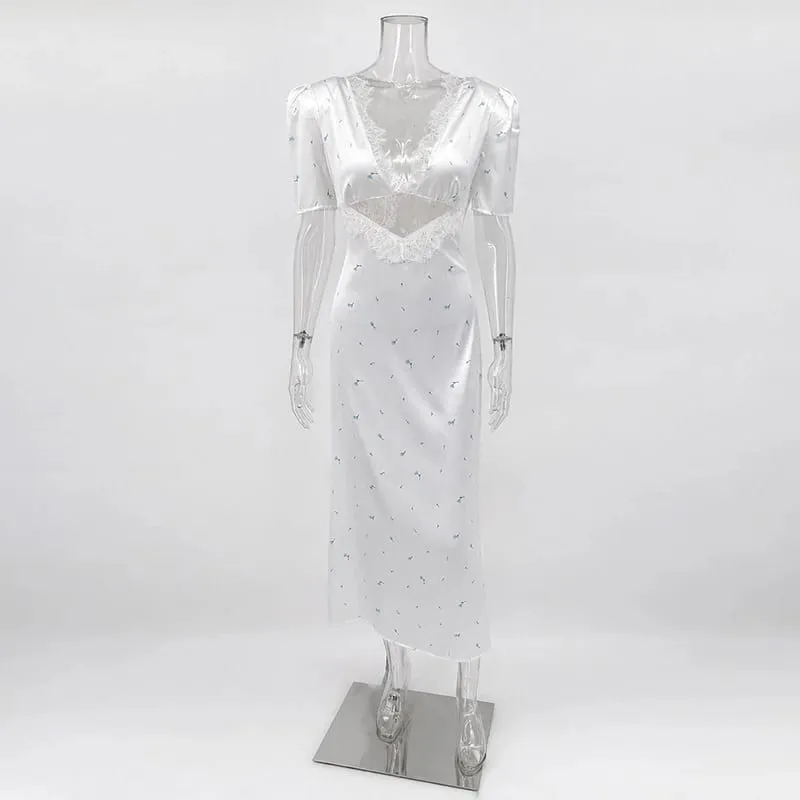 Sexy Hollow Lace Dress Women's Fashion Short Sleeve Elegant High Waist Slim Print Dress Summer Party Club Clothes Female — image 7