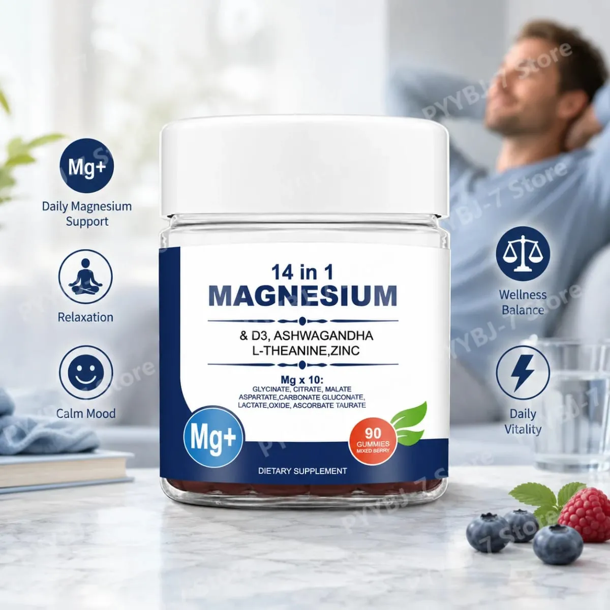Magnesium Complex 14 in 1 Gummies with Ashwagandha L Theanine D3 Zinc Daily Nutrition Supplement Sleep Calm Support — image 2