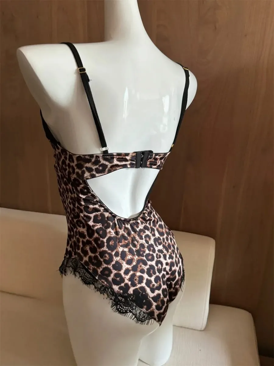 Sexy Leopard Print Halter Bodysuit for Women Thin Stretch Lace Lingerie One-Piece with Hanging Neck — image 5