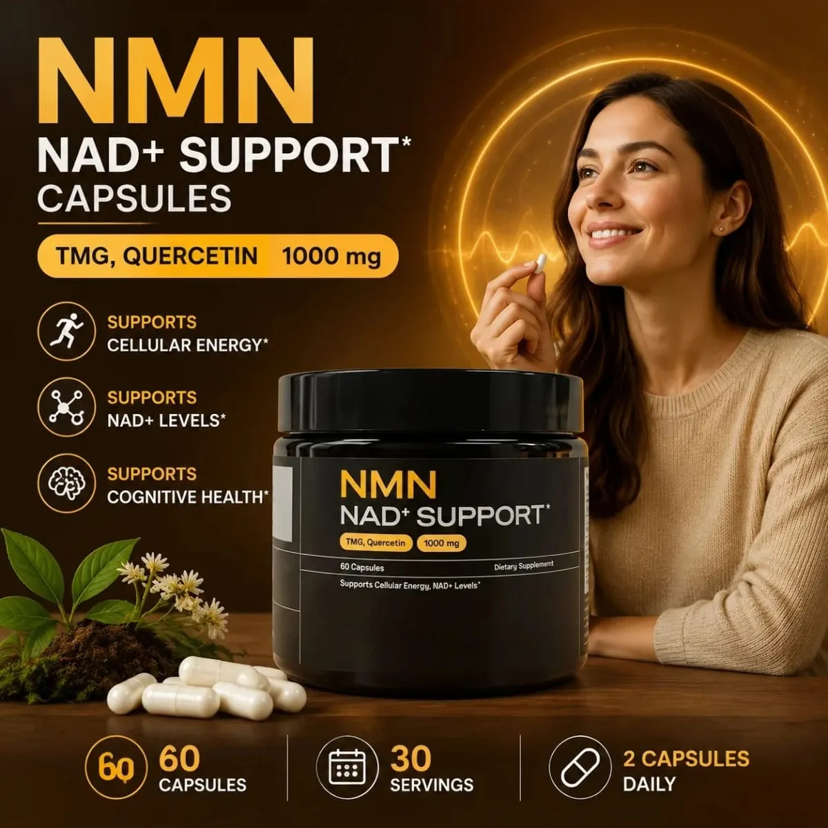 NMN NAD+ Support Capsules 1000mg Supports Cellular Energy Cognitive Health NAD+ Levels with TMG Quercetin 60 Capsules Adults — image 2