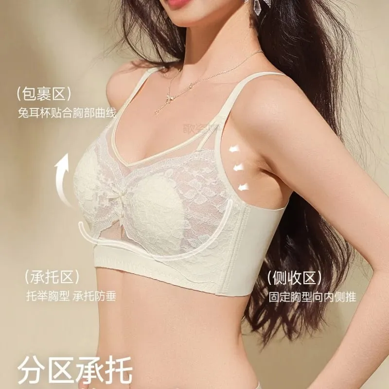 Women's lingerie for large busts minimizes appearance provides support and gathers side breasts summer thin French lace comfo — image 4