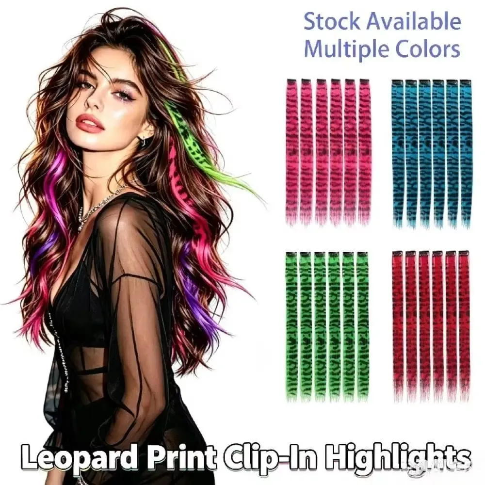 6pcs/set Stripe Printed Hair Colorful Long Straight Hair Piece Synthetic Clip-in Hair Extensions Daily Party Halloween Christmas — image 2