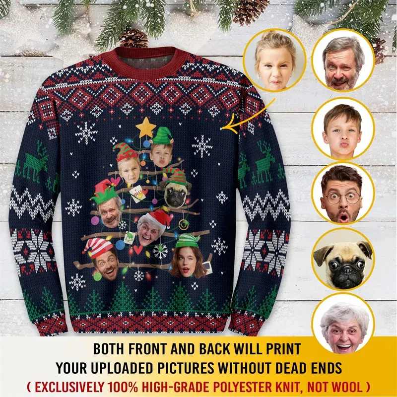 Custom Family Photo Christmas Sweatshirt Personalized Face Picture Print Xmas Tree Ugly Christmas Long Sleeve Party Tops — image 5