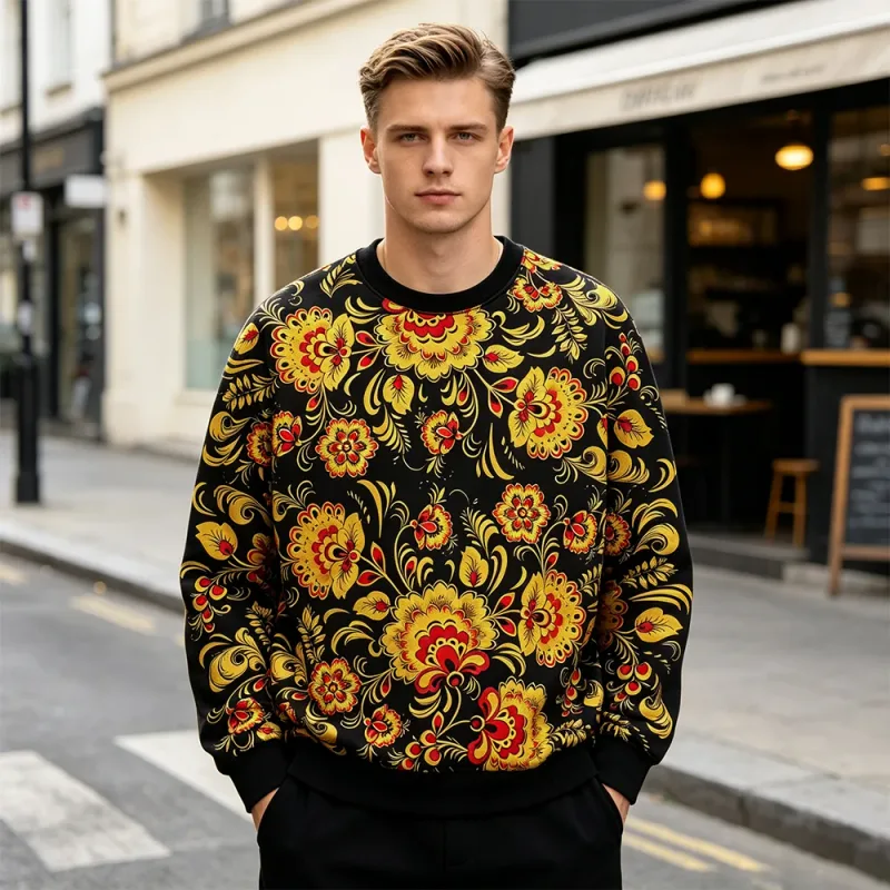 Traditional Russian Khokhloma Floral Print Sweatshirt Autumn Casual O-Neck Pullover Long Sleeve Tops Unisex Vintage Streetwear — image 8