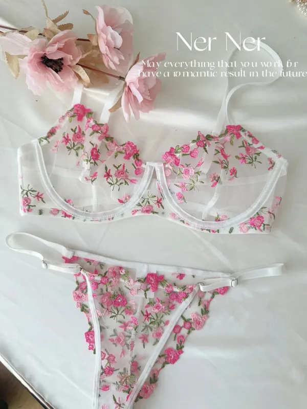 Korean Hot Lace Bra Set Floral Embroidery Transparent Mesh Ultra Thin Big Bust Modest Summer Ladies Daily Wear Underwear 32-38 — image 17