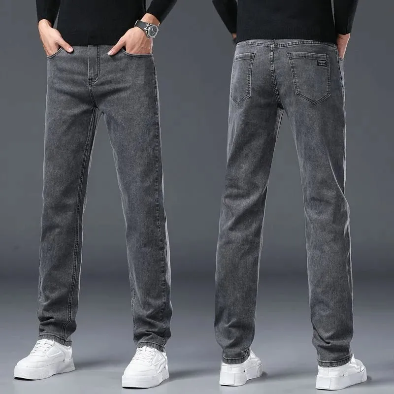 Men's Slim Jeans Korean Fashion Elastic Straight Casual Denim Pants Comfortable Work Male Spring Autumn Trousers Black Gray — image 3