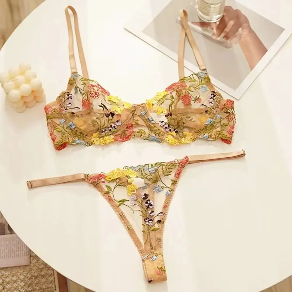 Versatile Transparent Lingerie Set Ultra-thin Elegant Panties Bra Set Push Up Embroidery Floral Underwear Honeymoon — image 3