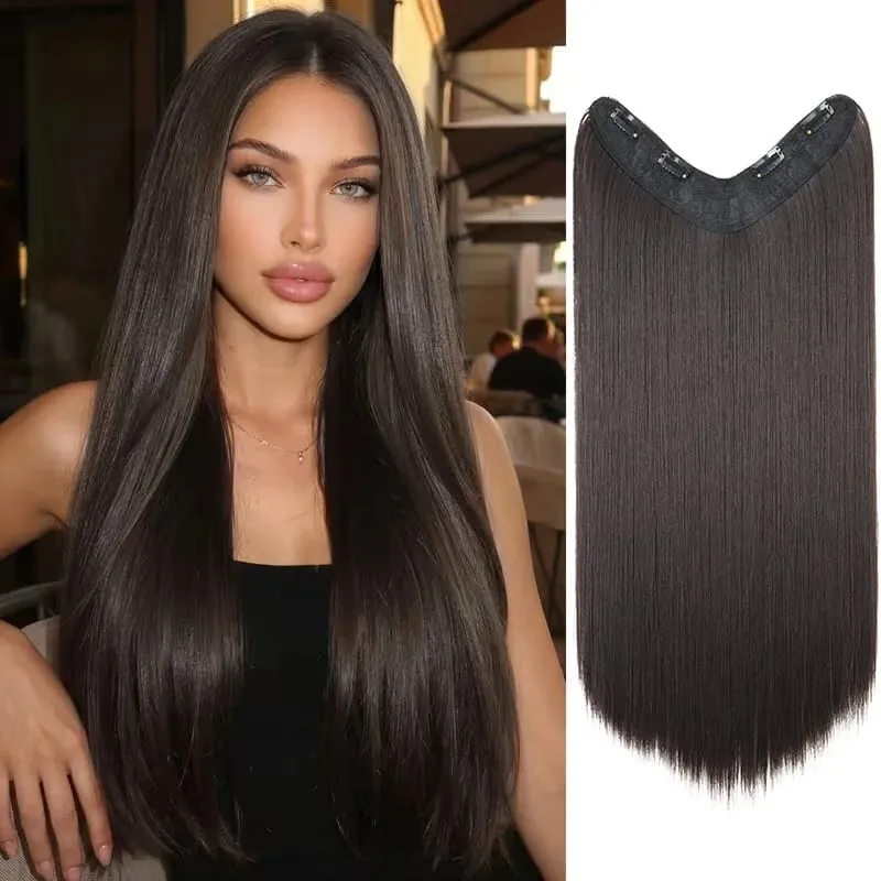 24Inch Synthetic 4-Clip V-Shaped Long Straight Hair Extension One Piece Heat-Resistant Fiber Hairpiece for Women Daily Use — image 8