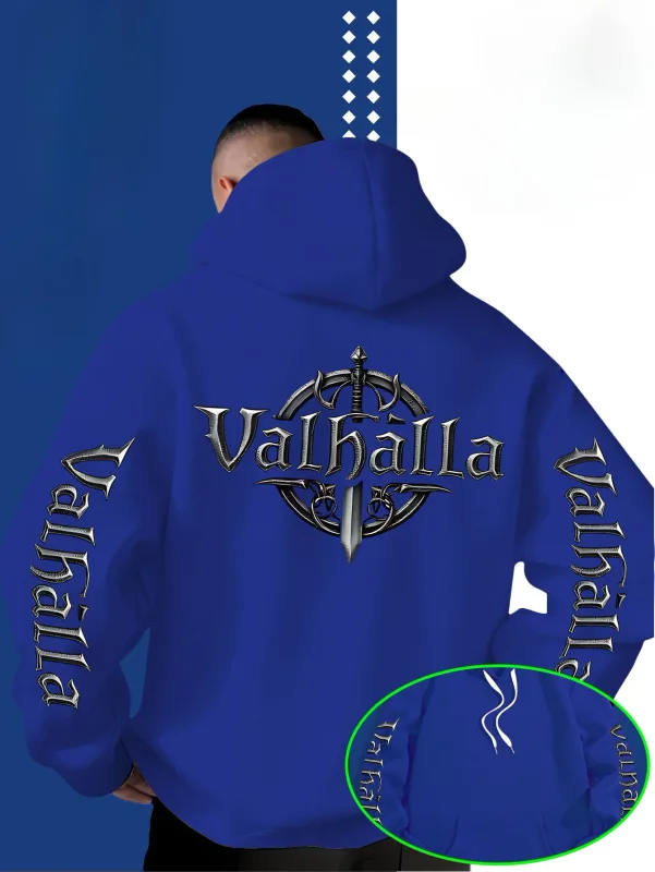 สไตล์สตรีทหลวมไวกิ้ง Valhalla รูปดาบโลโก้พิมพ์เสื้อสเวตเตอร์มีฮู้ดสำหรับผู้ชายเหมาะสำหรับฤดูใบไม้ร่วงและฤดูหนาว — image 5