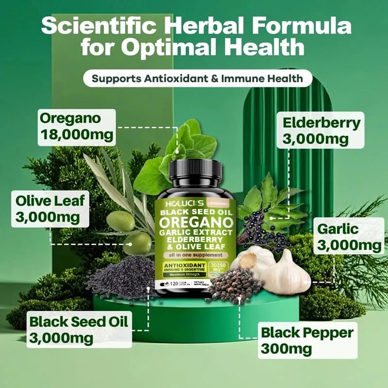 10 in One Oregano Oil Supplement Capsules Black Seed Oil Garlic Extract Elderberry - Immune & Digestive Support - 120 Pills
