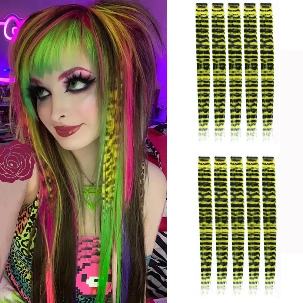 10pcs/set Stripe Printed Hair Colorful Long Straight Hair Pieces Synthetic Clip-in Hair Extensions for Daily Use Party Halloween — image 15