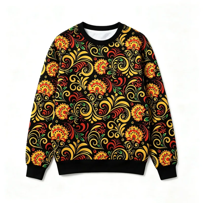 Traditional Russian Khokhloma Floral Print Sweatshirt Autumn Casual O-Neck Pullover Long Sleeve Tops Unisex Vintage Streetwear — image 5