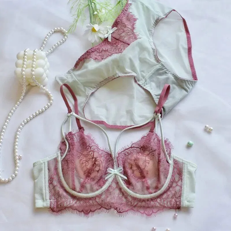 Korean Hot Trend Pure Desire Lace Bra Set Underwire Thin Cup Push Up Large Bust Visually Small Anti Droop Lingerie 32-38 Hot — image 12