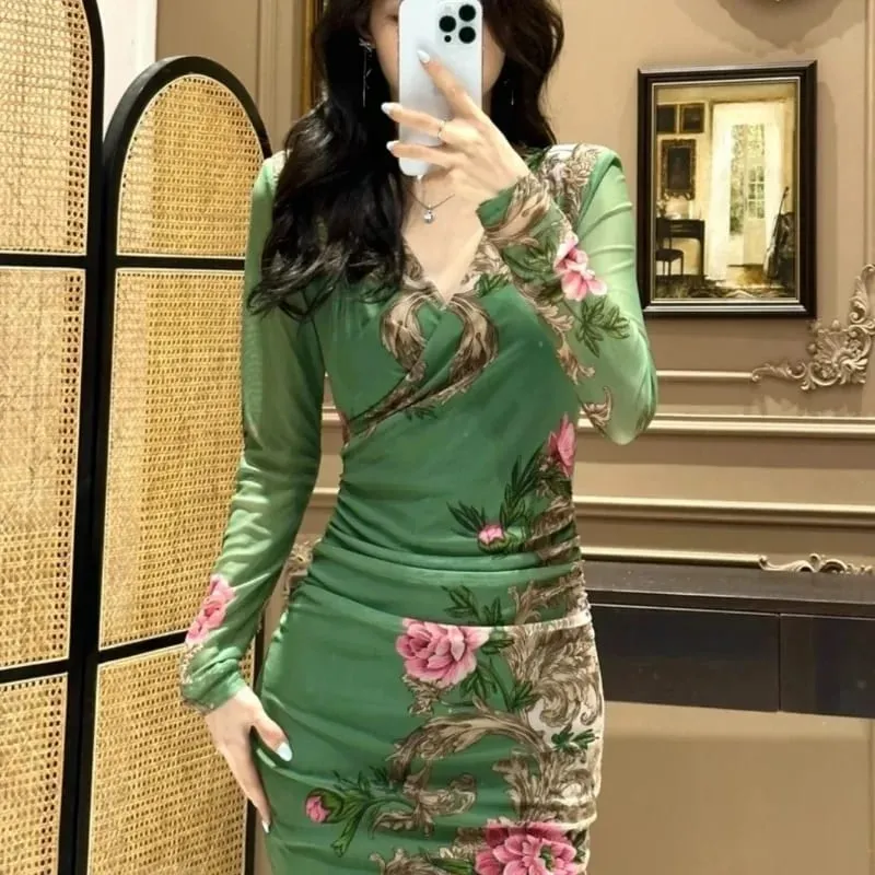 Feminine V-neck Long-sleeved Positioning Slimming Mesh Fashionable Wrap Long Skirt Dresses — image 2