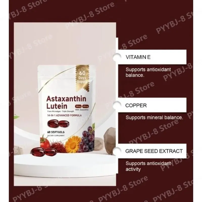 Astaxanthin and Lutein Capsule 60 Count with Grape Seed & Saffron Extract Provide Eye Nutrition Skin and Joint Health Support