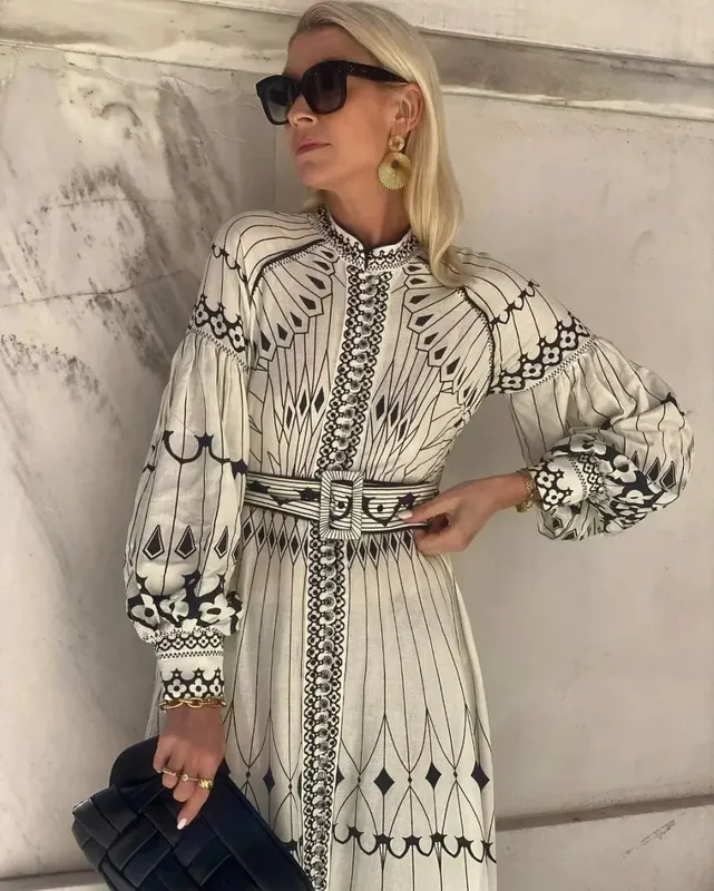 Retro Elegant Stand Collar Long Dress Women Spring Pattern Print Belted Buckle Party Autumn Sleeve A-Line Boho
