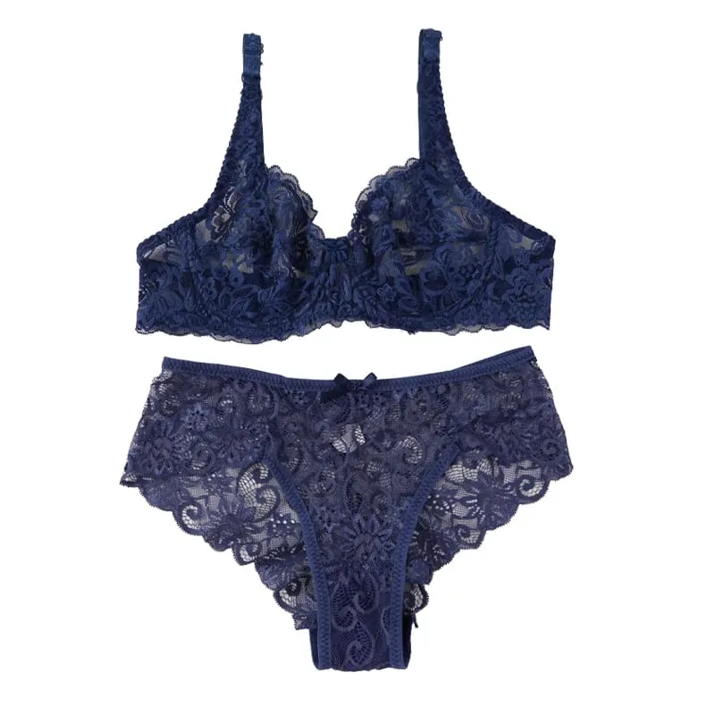 Women's Sexy Lace Thin Bras Suit Non-pad Exquisite Push-up Bra Solid Breathable Underwire G-String Panties Underwear Set — image 9