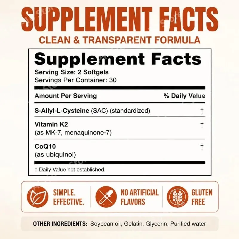 Mga Lumang Walang Amoy na Bawang Softgel na may CoQ10 Ubiquinol at K2 Blood Pressure Suporta sa Puso at Sirkulasyon ng Cholesterol 60 Softgels — image 2