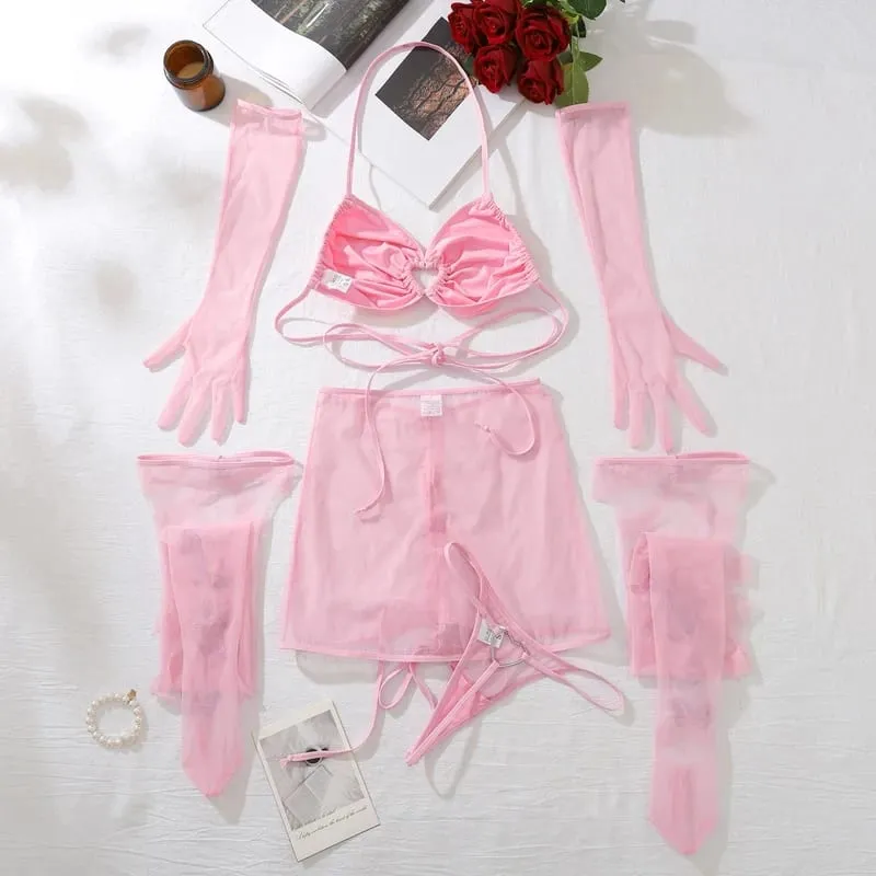 Lingerie Ultra Sexy Halter Bra Drawstring Pleated Attractive Suspenders Romantic Butterfly Cut Out Stocking Gloves — image 4