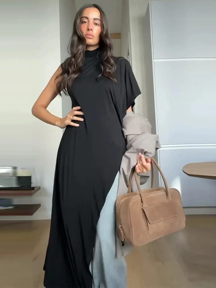 Asymmetric Hem Puff Sleeve Midi Dress Solid Boat Neck Slim Fit 2026 Summer Chic Elegant Party Women Evening Office Evening Gown — image 7