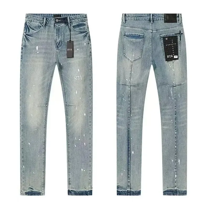 2026 RTA Men's Slim Fit Jeans Collection Distressed Ripped Paint Splatter Studded Patch Vintage Washed Streetwear Fashion Pants — image 4