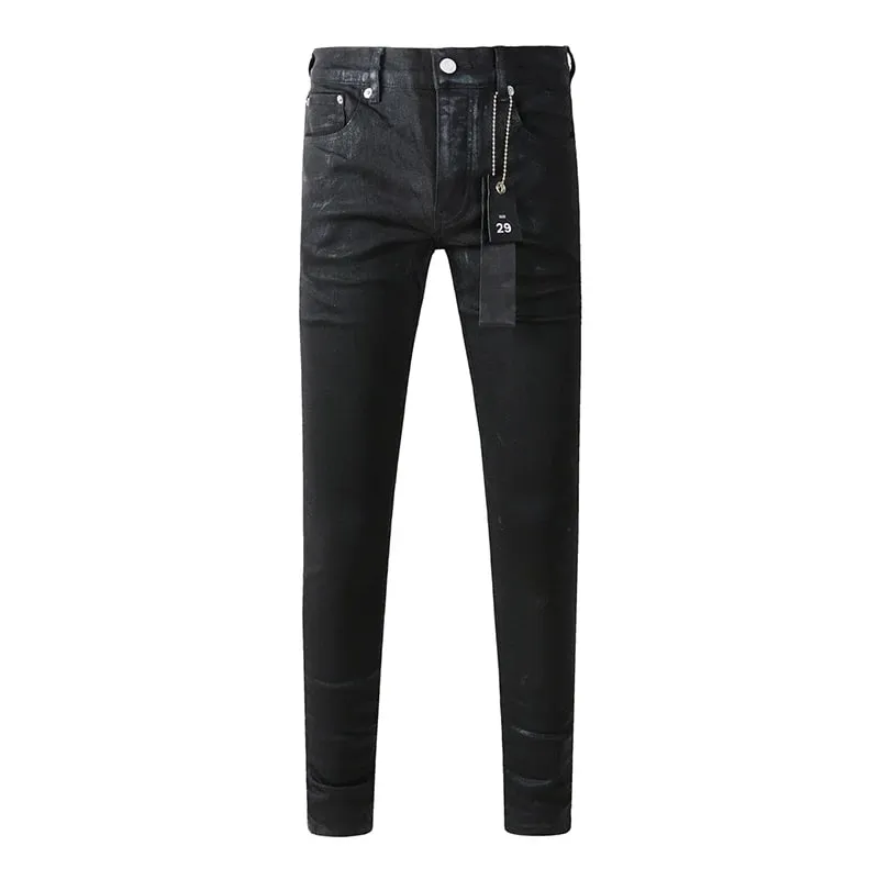Men's American High Street Distressed Solid Black Coated High Stretch Skinny & Slim Fit Jeans Pant