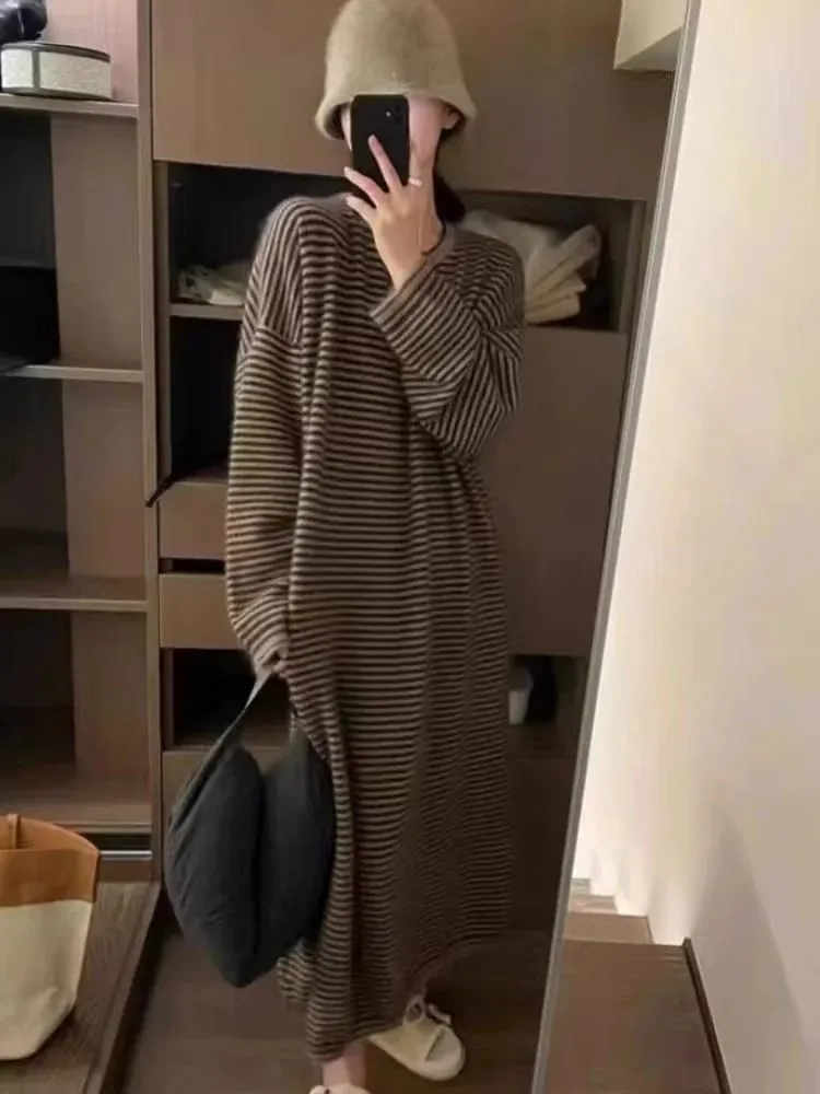 Lazy and Comfortable 100% Pure Cashmere Straight Striped Dress Joker Knit Bottoming Shirt Sweater Skirt in Autumn and Winter — image 4