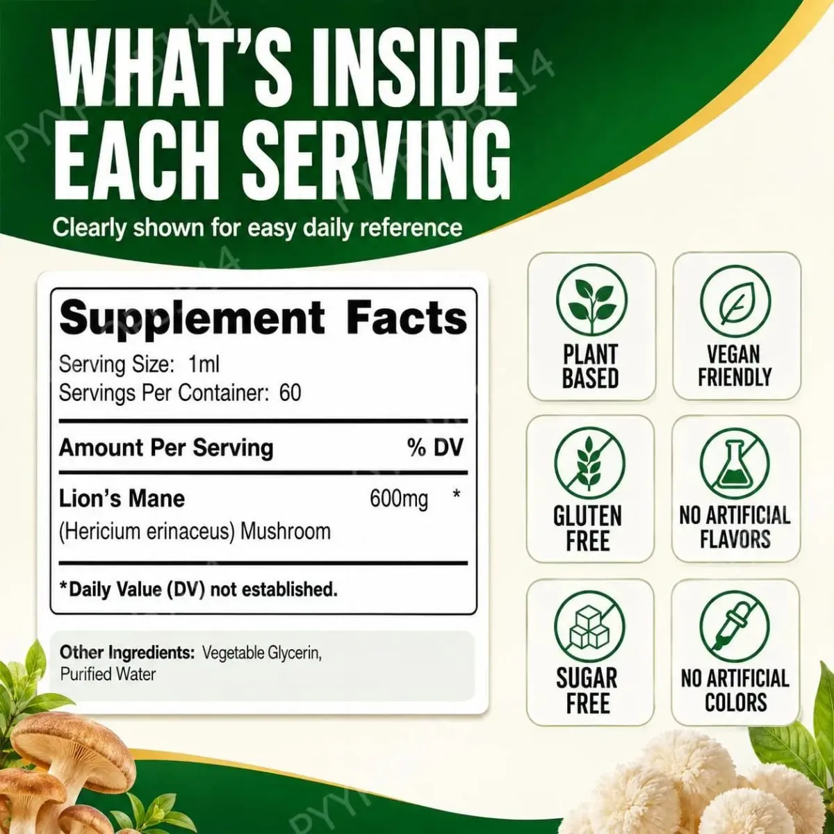 Lion's Mane Mushroom Tincture Liquid Brain & Immune Support and Gastrointestinal Health Support Lion's Mane 600 Mg 60 ML — image 3